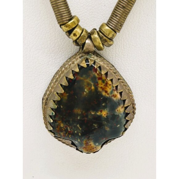 Ethnic Tribal Necklace with Bloodstone Jasper Pendant Brass Setting and Beads - Picture 9 of 15